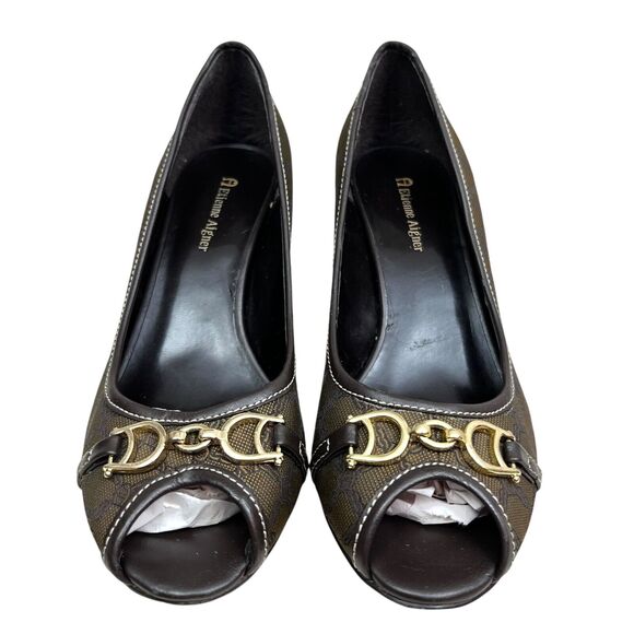 Etienne Aigner Womens‎ Pump Heel Cherie Peep Toe Horse Bit Brown Black Sz 7.5M - Picture 5 of 8